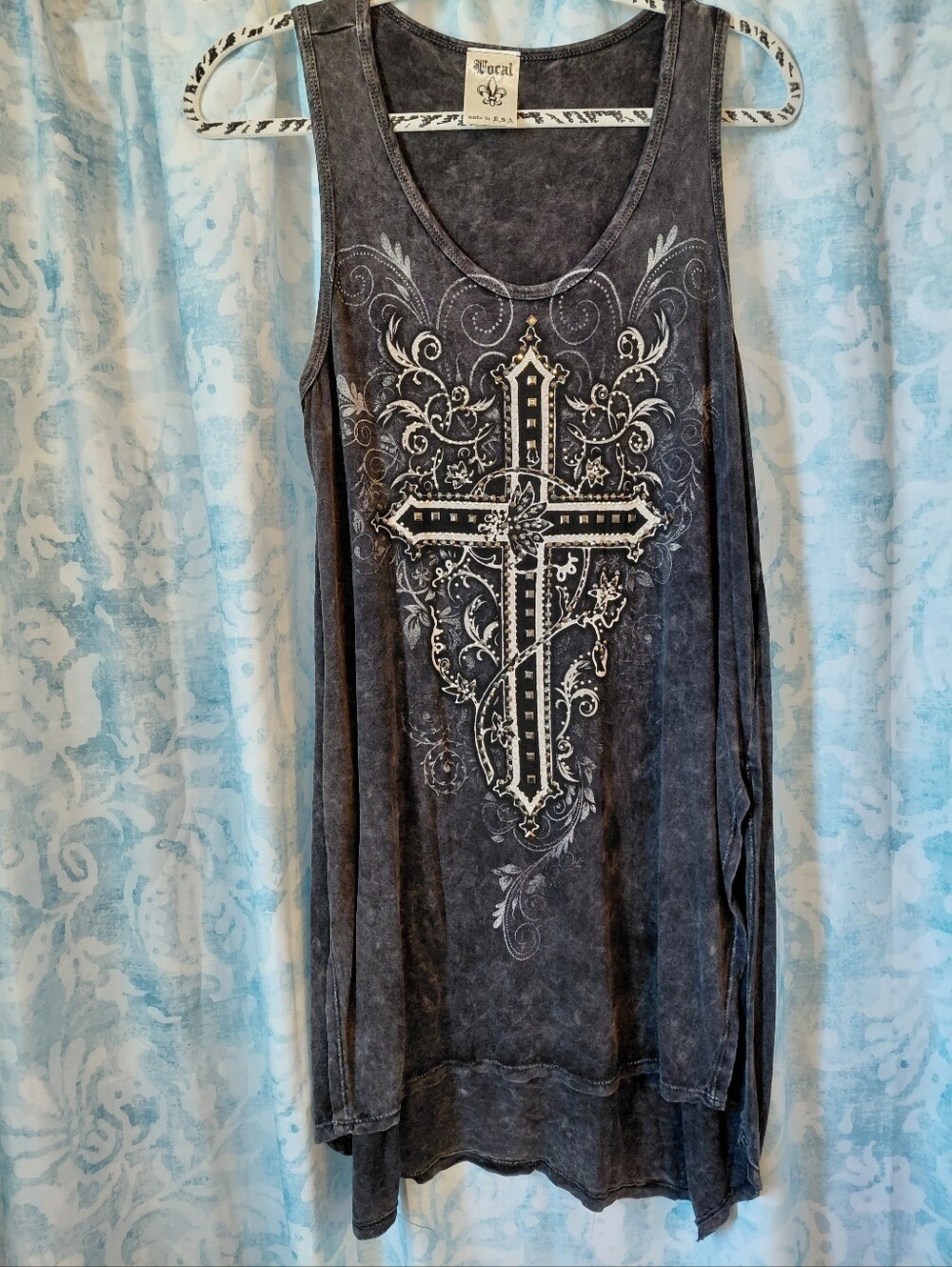Vocal Washed Black Embellished Cross Tank Top